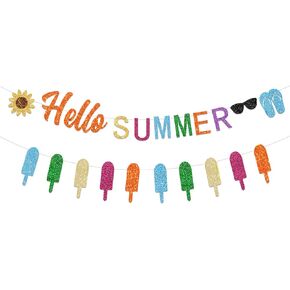 Summer Garland Hello Summer Banner with Colorful Glittery Popsicle Banner Hello Summer Ice Cream Garland Banner Party Decorations for The Home Indoor Outdoor Mantel Fireplace Hanging Déco