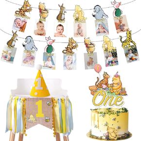 Classic Winnie 1st Birthday Party Decorations, Vintage Winnie First Birthday Photo Banner, First Birthday Hat, The Pooh High Chair Banner, Vintage The Pooh Cake Topper Party Supplies 1st Birthday