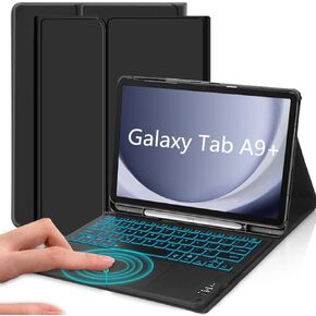 Case with Keyboard for Galaxy Tab A9 Plus 11 inch (SM-X210/X216/X218), 7 Color Backlit, Smart Touchpad, Detachable Keyboard Synthetic Leather Cover with S Pen Holder for 11" Tab A9+ 2023, Black