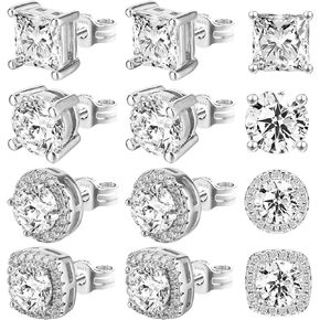 4 Pairs Earrings Studs, Mabor Small Plated Tiny Stud Earrings Set,CZ Stud Earrings Square Round Teardrop Stud Earrings Anti-sensitive for Women Men