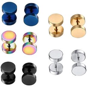 COLORFUL BLING 5 Pairs Rainbow Stainless Steel Stud Earrings Set Surgical Barbell Tunnel Fake Ear Plugs Gauges for Men Women Punk Rock Piercing Jewelry 6mm 8mm