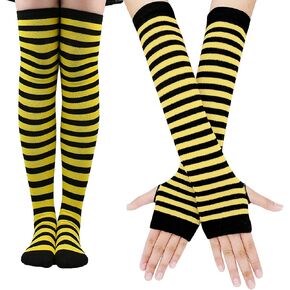 TSWRK Striped Long Arm Warmer Fingerless Gloves, Knee High Socks Set, Punk Gothic Rock