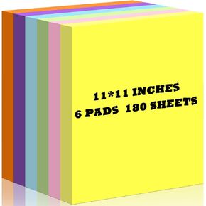 Big Sticky Notes 11 x 11 Inch Self Stick Pads Large Sticky Paper 6 Assorted Colors Notepad for Wall Notebook Office Pink Orange Light Yellow Green Blue Dark Purple, 30 Sheets/Pad(6 Pads)