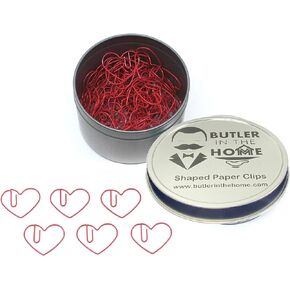 Butler in the Home Love Heart Shaped Paper Clips Great for Paper Clip Collectors or Office Gift - Comes in Round Tin with Lid and Gift Box (100 Count Red)