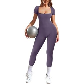SAUNGKUAI One Piece Jumpsuits for Women Short Sleeve Workout Womens Rompers Square Neck Unitard Bodycon Yoga Gym Clothes