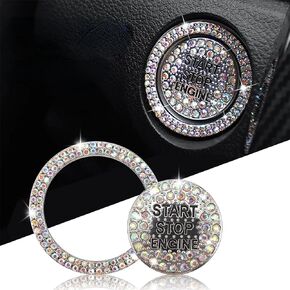 2 PCS Bling Car Engine Start Stop Button Crystal Cover, Bling Rhinestone Start Push Decorative Decals for Women, Car Interior Accessories Key Ignition Starter Sticker and Knob Ring (Colorful)