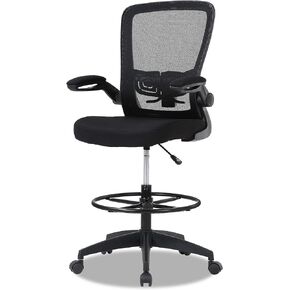 Drafting Chair Tall Office Chair Mid-Back Mesh Ergonomic Computer Chair High Adjustable Standing Desk Chair with Lumbar Support Adjustable Foot Ring and Flip-Up Arms (Black)