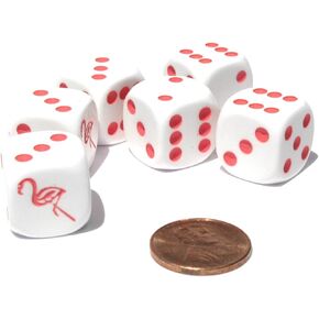 Set of 6 Flamingo 16mm D6 Round Edged Koplow Animal Dice - White with Pink Pips