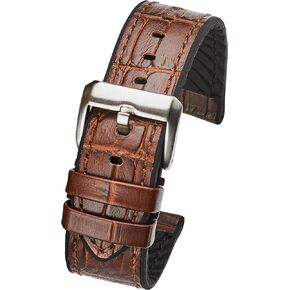 ALPINE Genuine alligator grain leather watch band with silicone lining - Brown - 20mm, 22mm, 24mm