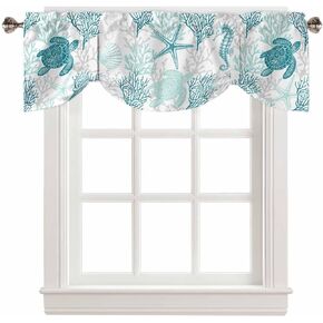 Blue Grey Coastal Valances for Windows, Summer Beach Kitchen Curtains Window Treatment Nautical Decor, Sea Turtle Coral Ocean Rod Pocket Short Window Valances for Living Room/Bedroom, 54"x18"