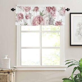 Watercolor Vintage Pink Floral Tie Up Curtain Valance for Windows/Living Room/Kitchen/Bathroom Farmhouse, Pink Flower White Short Rod Pocket Curtain Window Treatment, 1 Panel 54x18