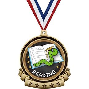 Reading Medals - 2.5" Gold Book Worm Reading Medal Award Includes Red White and Blue Neck Ribbon, Great Reading Awards Prime