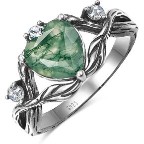 Heart Birthstone Ring for Women Oxidized Silver Engagement Ring Green Emerald/Moss Agate/Red Ruby Gemstone Promise Ring Jewelry Ring Gift for Love Mother Wife Bride Sister Girl Size 5-9