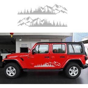 (2pcs) Mountain Tree Forest Graphic Car Sticker Waterproof Sunscreen Decorative Side Door Vinyl Decal Accessories for Pickup Truck SUV Off-Road RV Camper Transporter (Gloss Black)