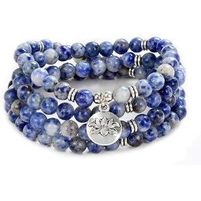 108 Bead Mala Bracelet with Lotus Charm and 6mm Small Stone Beads (Blue Lace Agate) in Kuwait