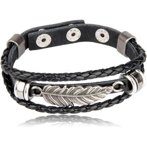 Xusamss Punk Rock Adjustable Wristband Snap Bracelet Feather Leather Cuff Bracelet