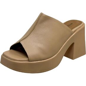 Women's Genuine Leather One-Band Platform Sandals Bell-Shape Block Heels Slip-on Open Toe