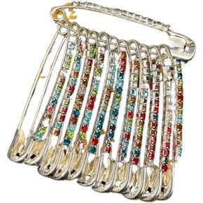 12-Piece Golden Safety Pins with Multi Faux Crystal - Diamonds Designer Safety pin Saree pin - Saftey Pins for Clothing and Crafts. (Golden-Multi)