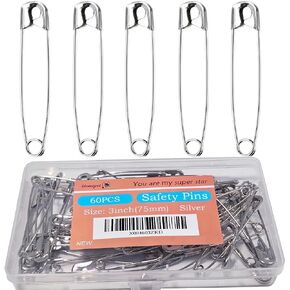 Safety Pins, 60PCS-3Inch Large Safety Pins, Rust-Resistant Nickel Plated Steel, Sharp Edge Safety Pin for Clothes, Sewing, Arts & Craft, 75mm Decorative Safety Pins (Silver)
