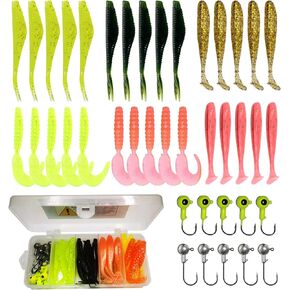WOLFSKIN Soft Fishing Lures 3 Types of Soft Plastic Baits Set Including Hooks Paddle Tail Swimbaits Curly Tail Worms Grubs for Bass Trout Walleye Crappie Freshwater Saltwater