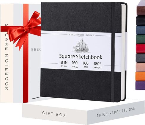 BEECHMORE BOOKS Art Sketch Book, Square 156 Pages 8 x 8 inch, Hardcover Leather Artist Sketchbook, Blank Sketch Pad for Drawing, Painting Supplies, Thick 160gsm Cream Paper, Boxed for Gifts in Kuwait