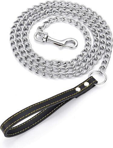 4ft Metal Dog Leash with Leather Handle Heavy Duty Dog Chain Leash Chew Proof Sturdy Training Pet Lead for Large Medium Dogs Black in Saudi Arabia