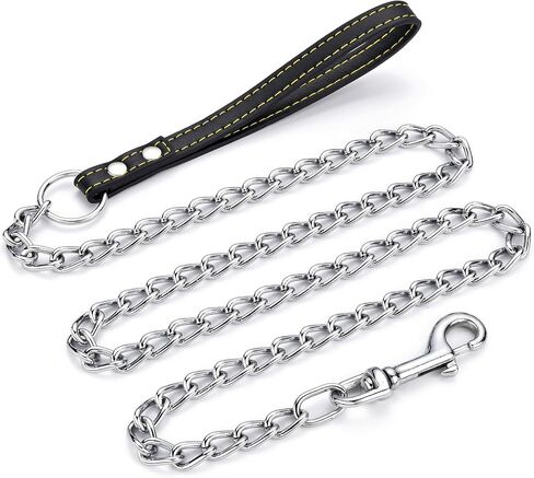 4ft Metal Dog Leash with Leather Handle Heavy Duty Dog Chain Leash Chew Proof Sturdy Training Pet Lead for Large Medium Dogs Black in Saudi Arabia