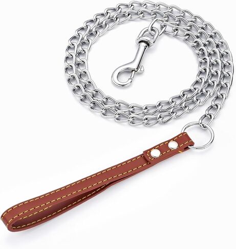 4ft Metal Dog Leash with Leather Handle Heavy Duty Dog Chain Leash Chew Proof Sturdy Training Pet Lead for Large Medium Dogs Black in Saudi Arabia