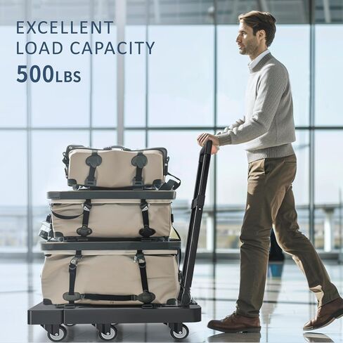 شاحنة يدوية قابلة للطي، عربة دوللي للخدمة الشاقة قابلة للطي بوزن 500 رطل، عربة أمتعة قابلة للطي بقاعدة قابلة للتمديد مع 6 عجلات وحبلين مرنين للتنقل أثناء السفر والتسوق ومكتب المطار in Kuwait