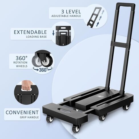 شاحنة يدوية قابلة للطي، عربة دوللي للخدمة الشاقة قابلة للطي بوزن 500 رطل، عربة أمتعة قابلة للطي بقاعدة قابلة للتمديد مع 6 عجلات وحبلين مرنين للتنقل أثناء السفر والتسوق ومكتب المطار in Kuwait