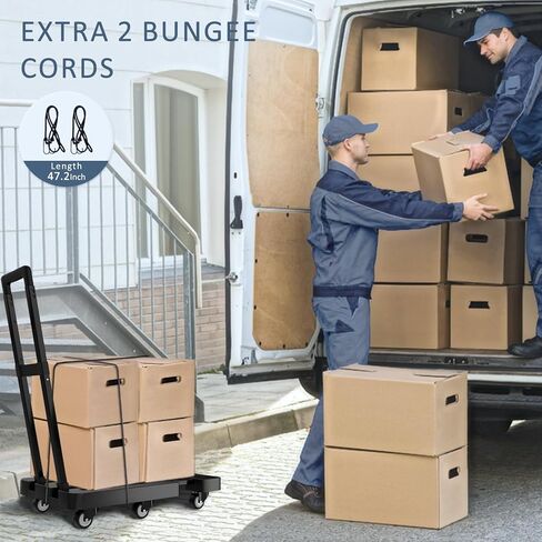 شاحنة يدوية قابلة للطي، عربة دوللي للخدمة الشاقة قابلة للطي بوزن 500 رطل، عربة أمتعة قابلة للطي بقاعدة قابلة للتمديد مع 6 عجلات وحبلين مرنين للتنقل أثناء السفر والتسوق ومكتب المطار in Kuwait