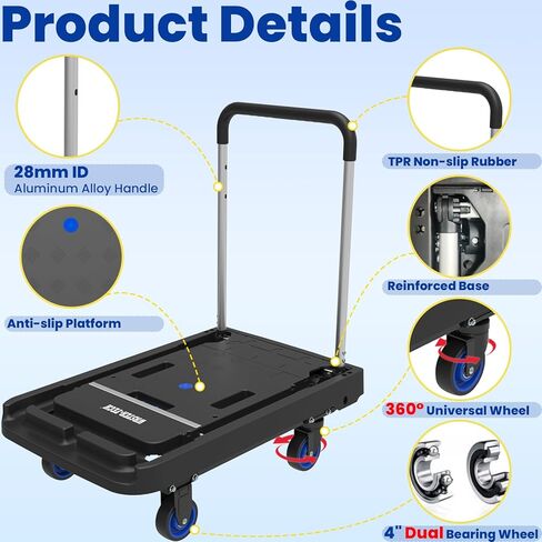 WRTSTER-TECH Folding Hand Truck Foldable Flatbed Cart Dolly 330 LBS Platform Carts with 4 Wheels for Heavy Duty Portable Utility Cart for Luggage, Travel, Moving, Shopping, Office Use in Saudi Arabia