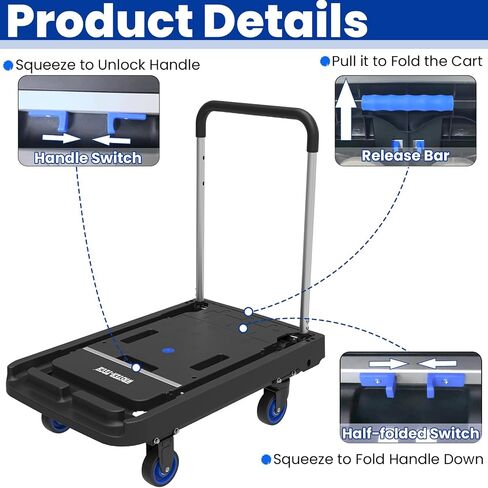 WRTSTER-TECH Folding Hand Truck Foldable Flatbed Cart Dolly 330 LBS Platform Carts with 4 Wheels for Heavy Duty Portable Utility Cart for Luggage, Travel, Moving, Shopping, Office Use in Saudi Arabia