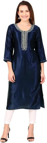 ladyline Formal Gaji Silk Plain Tunic Kurta for Women with Lace Mirror Work Embroidery Kurti Top in Saudi Arabia