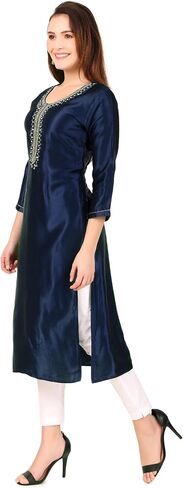 ladyline Formal Gaji Silk Plain Tunic Kurta for Women with Lace Mirror Work Embroidery Kurti Top in Saudi Arabia