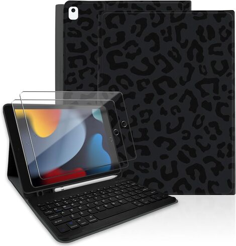 حافظة لوحة مفاتيح TopPerfekt لجهاز iPad الجيل التاسع 10.2 بوصة 2021، ماصة مغناطيسيًا، نوم/استيقاظ تلقائي، حامل أقلام مع 2 فيلم مقوى لجهاز iPad 8th/7th Gen 10.2 بوصة - أسود ليوبارد in Saudi Arabia