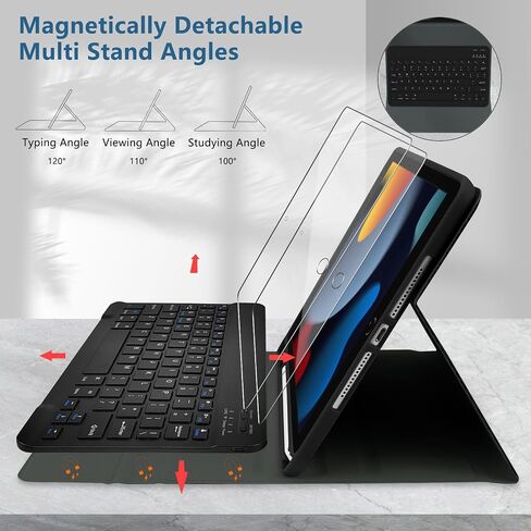 حافظة لوحة مفاتيح TopPerfekt لجهاز iPad الجيل التاسع 10.2 بوصة 2021، ماصة مغناطيسيًا، نوم/استيقاظ تلقائي، حامل أقلام مع 2 فيلم مقوى لجهاز iPad 8th/7th Gen 10.2 بوصة - أسود ليوبارد in Saudi Arabia