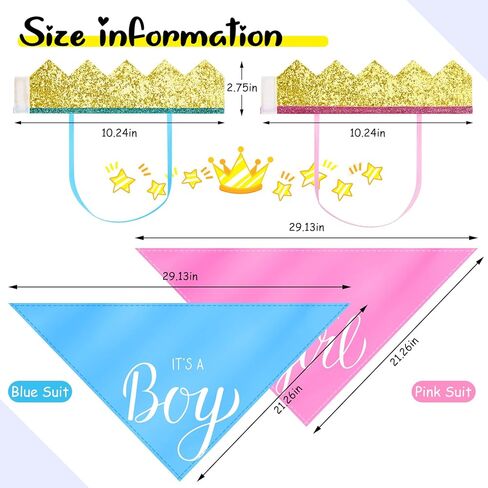 قطعتان من باندانا It's a Boy It's a Girl Dog Bandana لإعلان الطفل، باندانا للكلب وقطعتين من قبعة الكلب على شكل تاج للحيوانات الأليفة، دعائم صور للكلاب والقطط (أزرق، وردي) in Kuwait