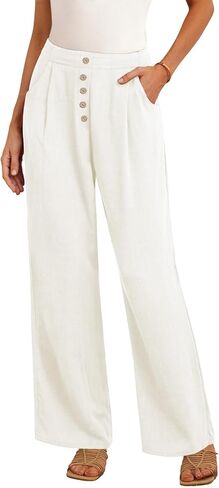 بنطال Feiersi نسائي من الكتان واسع الساق عالي الخصر كاجوال للعمل كاجوال Palazzo Flowy Trousers مع جيوب in Kuwait