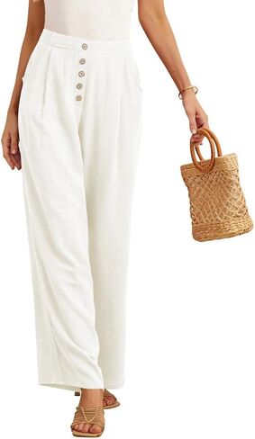 بنطال Feiersi نسائي من الكتان واسع الساق عالي الخصر كاجوال للعمل كاجوال Palazzo Flowy Trousers مع جيوب in Kuwait