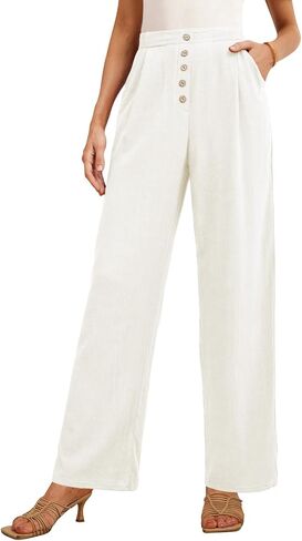 بنطال Feiersi نسائي من الكتان واسع الساق عالي الخصر كاجوال للعمل كاجوال Palazzo Flowy Trousers مع جيوب in Kuwait