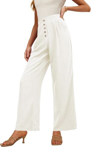 بنطال Feiersi نسائي من الكتان واسع الساق عالي الخصر كاجوال للعمل كاجوال Palazzo Flowy Trousers مع جيوب in Kuwait