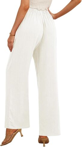 بنطال Feiersi نسائي من الكتان واسع الساق عالي الخصر كاجوال للعمل كاجوال Palazzo Flowy Trousers مع جيوب in Kuwait