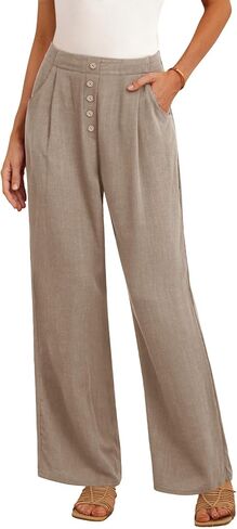 بنطال Feiersi نسائي من الكتان واسع الساق عالي الخصر كاجوال للعمل كاجوال Palazzo Flowy Trousers مع جيوب in Kuwait