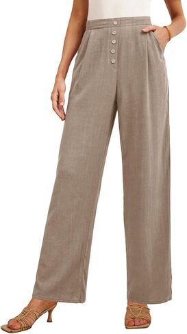 بنطال Feiersi نسائي من الكتان واسع الساق عالي الخصر كاجوال للعمل كاجوال Palazzo Flowy Trousers مع جيوب in Kuwait
