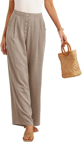 بنطال Feiersi نسائي من الكتان واسع الساق عالي الخصر كاجوال للعمل كاجوال Palazzo Flowy Trousers مع جيوب in Kuwait