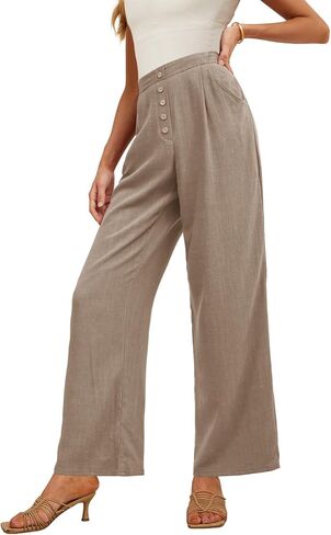 بنطال Feiersi نسائي من الكتان واسع الساق عالي الخصر كاجوال للعمل كاجوال Palazzo Flowy Trousers مع جيوب in Kuwait