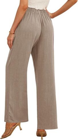 بنطال Feiersi نسائي من الكتان واسع الساق عالي الخصر كاجوال للعمل كاجوال Palazzo Flowy Trousers مع جيوب in Kuwait