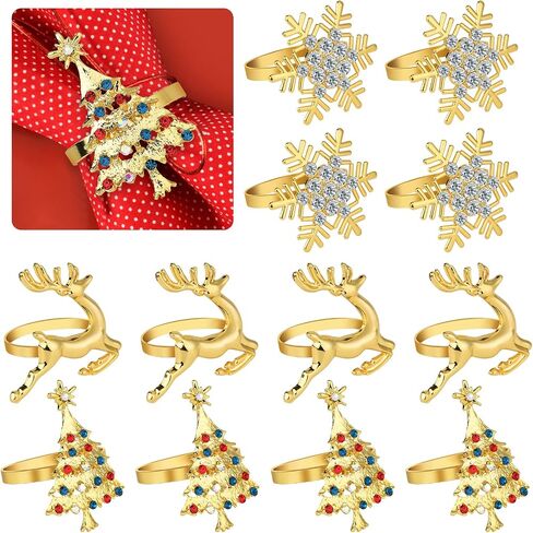 PLULON 12Pcs Christmas Napkin Rings Set, Xmas Snowflake Napkin Rings Deer Christmas Tree Napkin Rings Silver Napkin Holders Holiday Dinner Table Decor for Christmas Party (Silver, 12Pcs) in Saudi Arabia