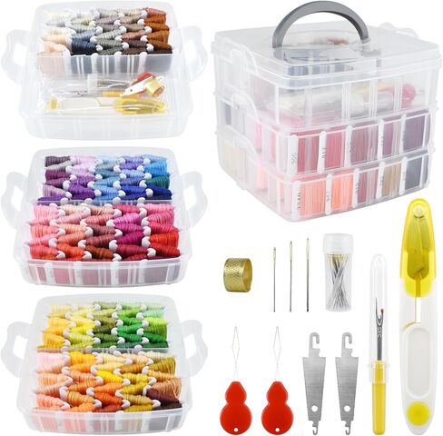 طقم خيط تطريز مكون من 187 قطعة، مجموعة سلاسل سوار الصداقة مكونة من 150 لونًا وخيط غرز متقاطعة مع صندوق تخزين منظم، يتضمن مقصًا وكشتبانًا وإبرة خياطة وخيط خيط ومزيل in Kuwait